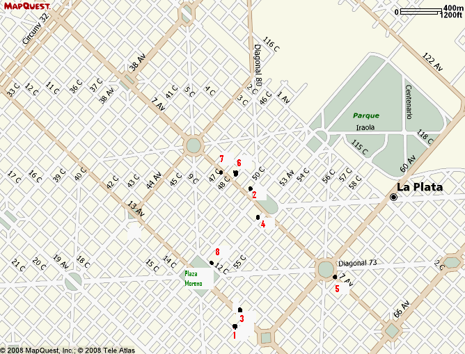 Mapa de la ciudad de La Plata con los ocho puntos en los que se realizarán las distintas actividades (hacer click en el mapa para agrandar)
